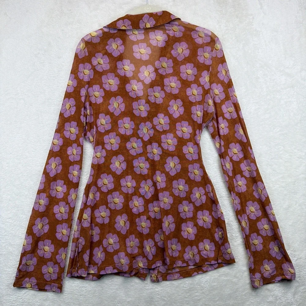 Free People Mesh Top Women's M Brown Floral Ruched Sheer Y2K Boho Stretch